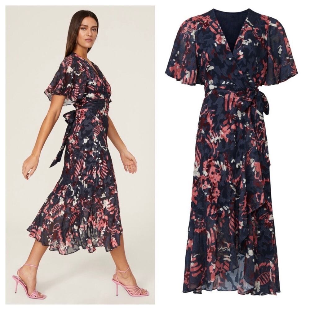 Tanya Taylor Blue Pink Blaire Floral Midi Wrap Dress Sz 8